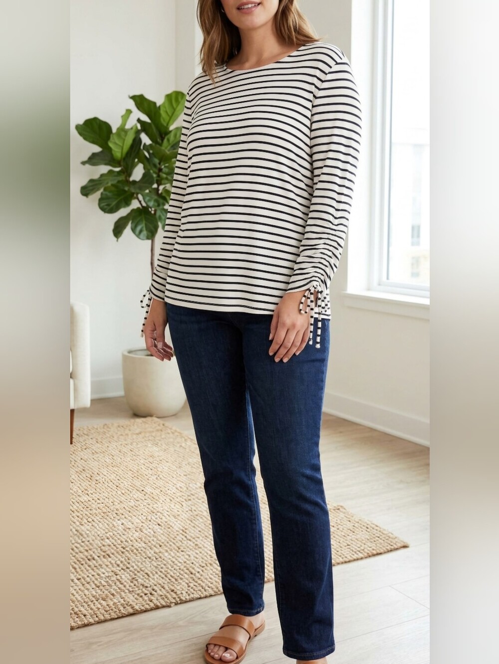 Ann Taylor Black & White Striped Long-Sleeve Tie Sleeve Top